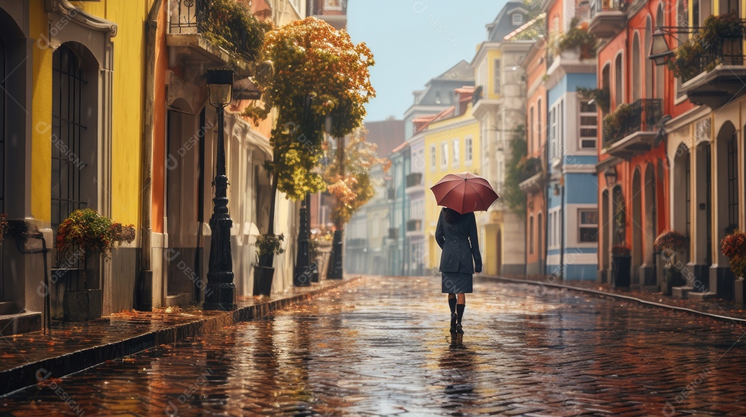 Primavera uma rua de tijolos coloridos ladeada por casas geminadas