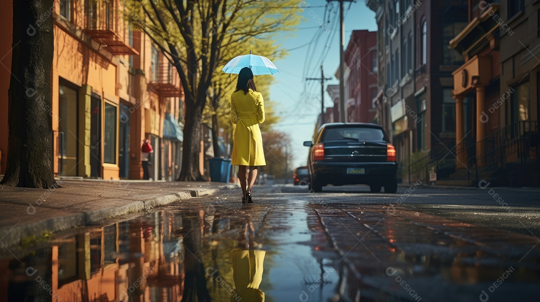 Primavera uma rua de tijolos coloridos ladeada por casas geminadas