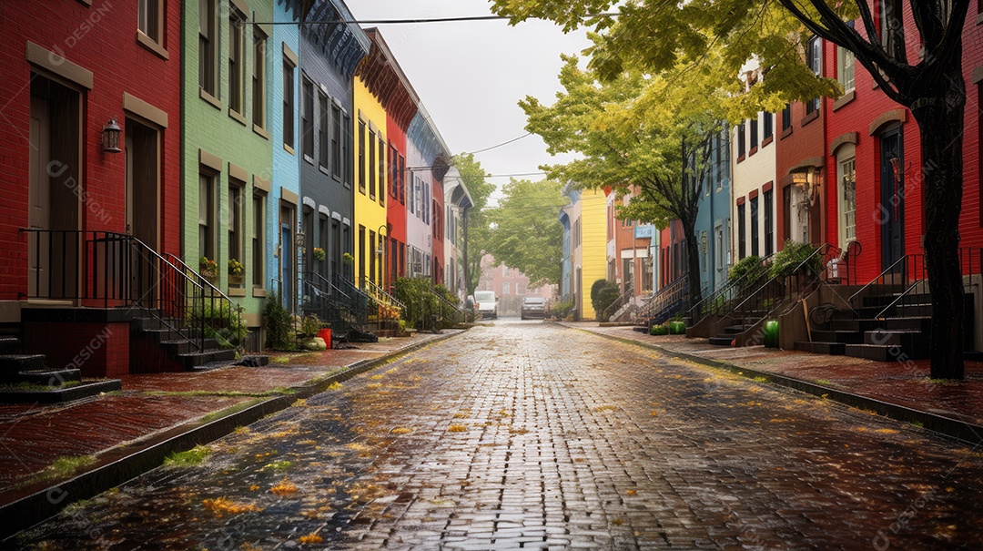 Primavera uma rua de tijolos coloridos ladeada por casas geminadas