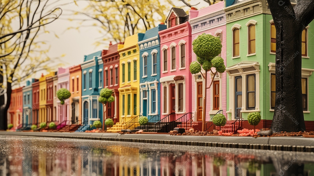 Primavera uma rua de tijolos coloridos ladeada por casas geminadas