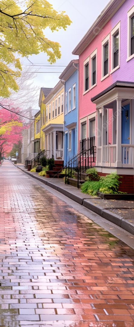 Primavera uma rua de tijolos coloridos ladeada por casas geminadas