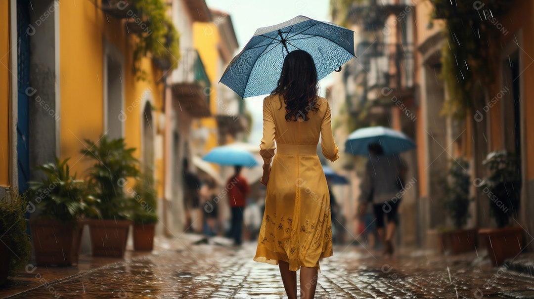 Primavera uma rua de tijolos coloridos ladeada por casas geminadas