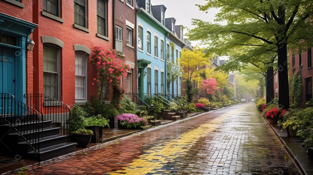 Primavera uma rua de tijolos coloridos ladeada por casas geminadas