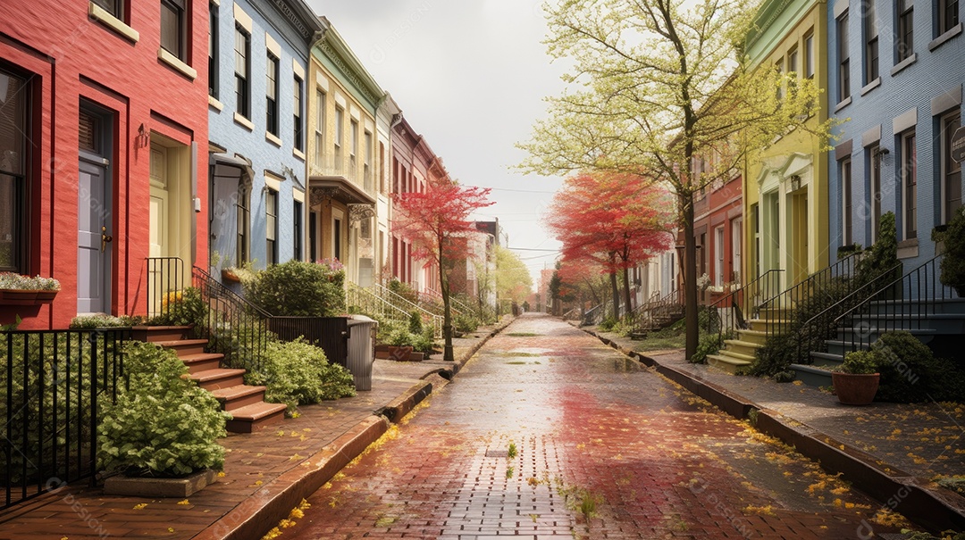 Primavera uma rua de tijolos coloridos ladeada por casas geminadas
