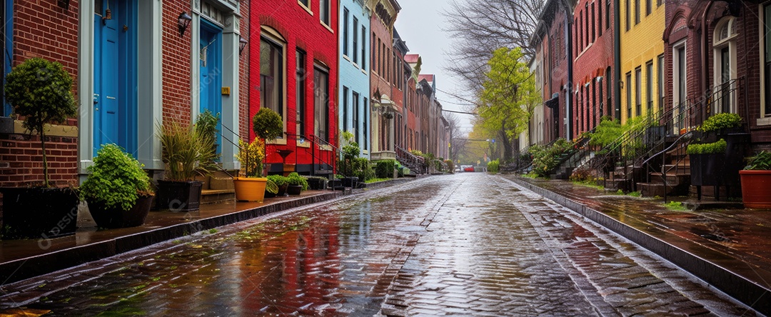 Primavera uma rua de tijolos coloridos ladeada por casas geminadas