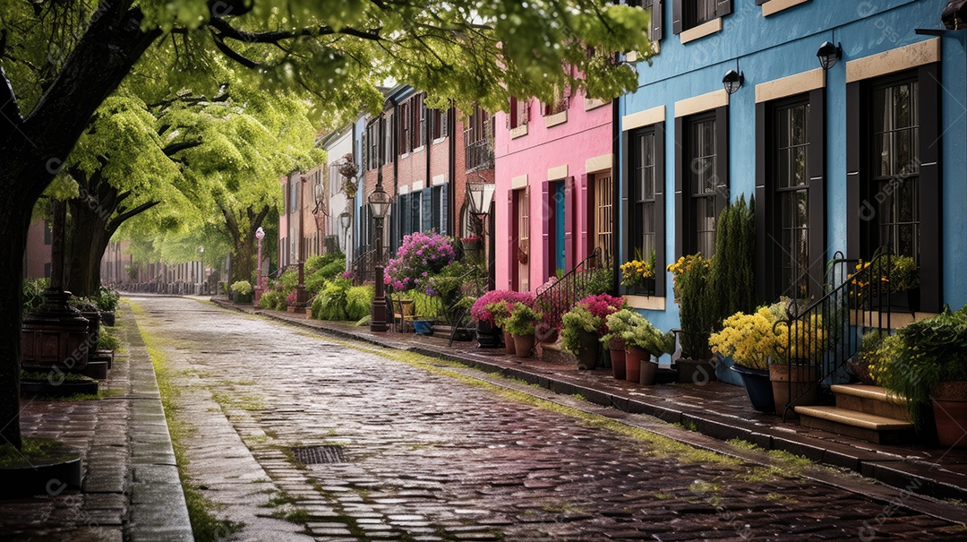 Primavera uma rua de tijolos coloridos ladeada por casas geminadas