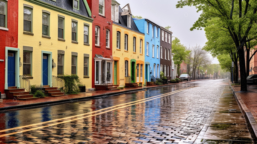 Primavera uma rua de tijolos coloridos ladeada por casas geminadas