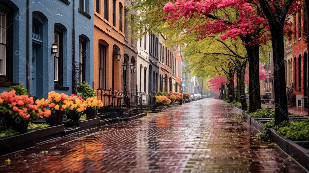 Primavera uma rua de tijolos coloridos ladeada por casas geminadas