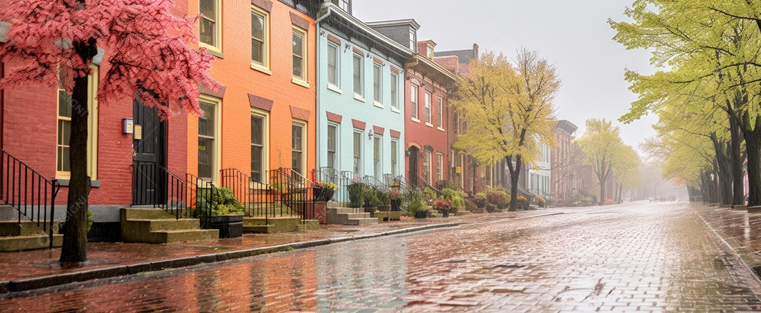 Primavera uma rua de tijolos coloridos ladeada por casas geminadas