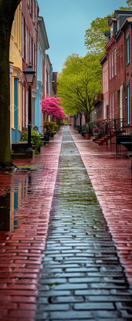 Primavera uma rua de tijolos coloridos ladeada por casas geminadas