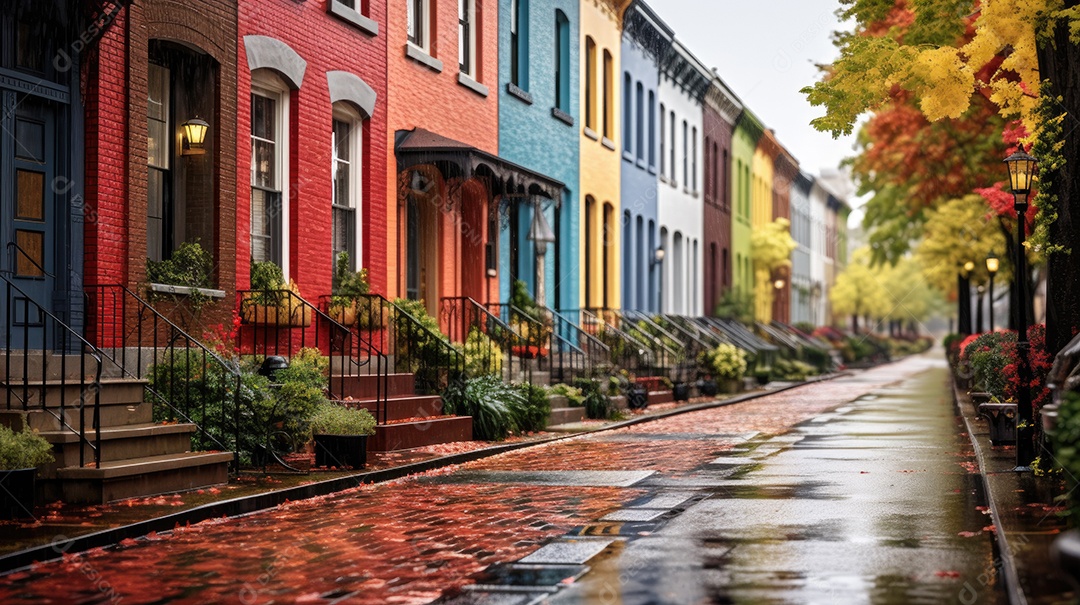 Primavera uma rua de tijolos coloridos ladeada por casas geminadas