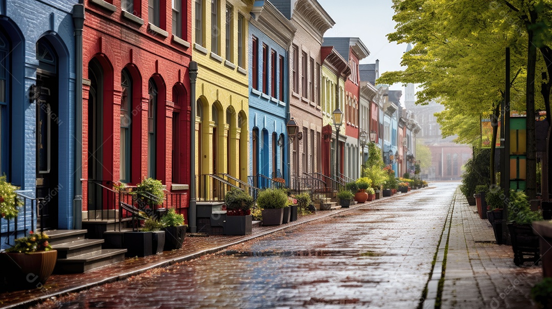 Primavera uma rua de tijolos coloridos ladeada por casas geminadas