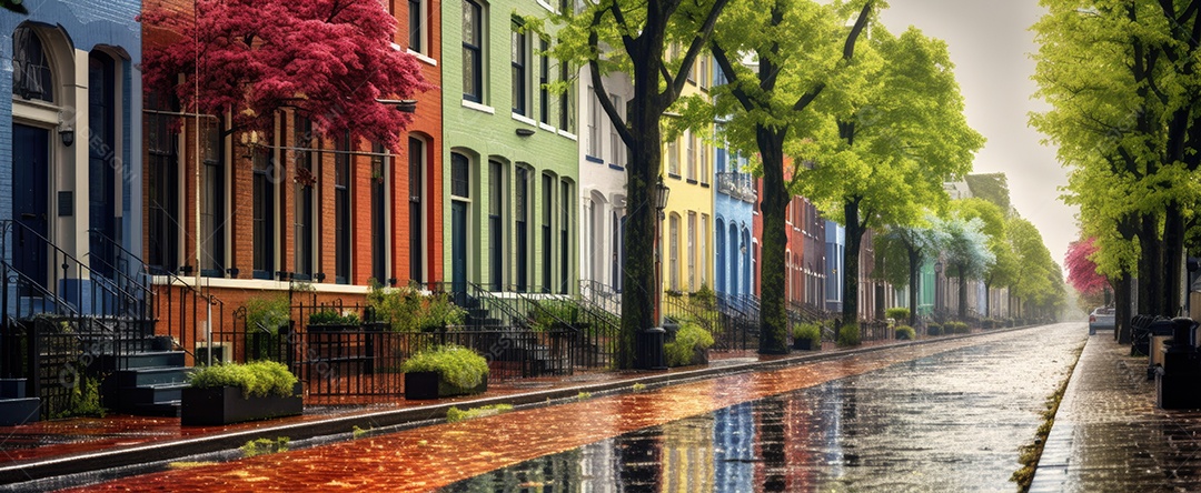 Primavera uma rua de tijolos coloridos ladeada por casas geminadas