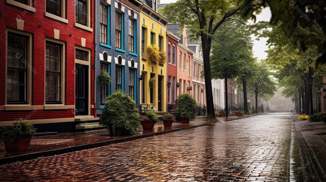 Primavera uma rua de tijolos coloridos ladeada por casas geminadas