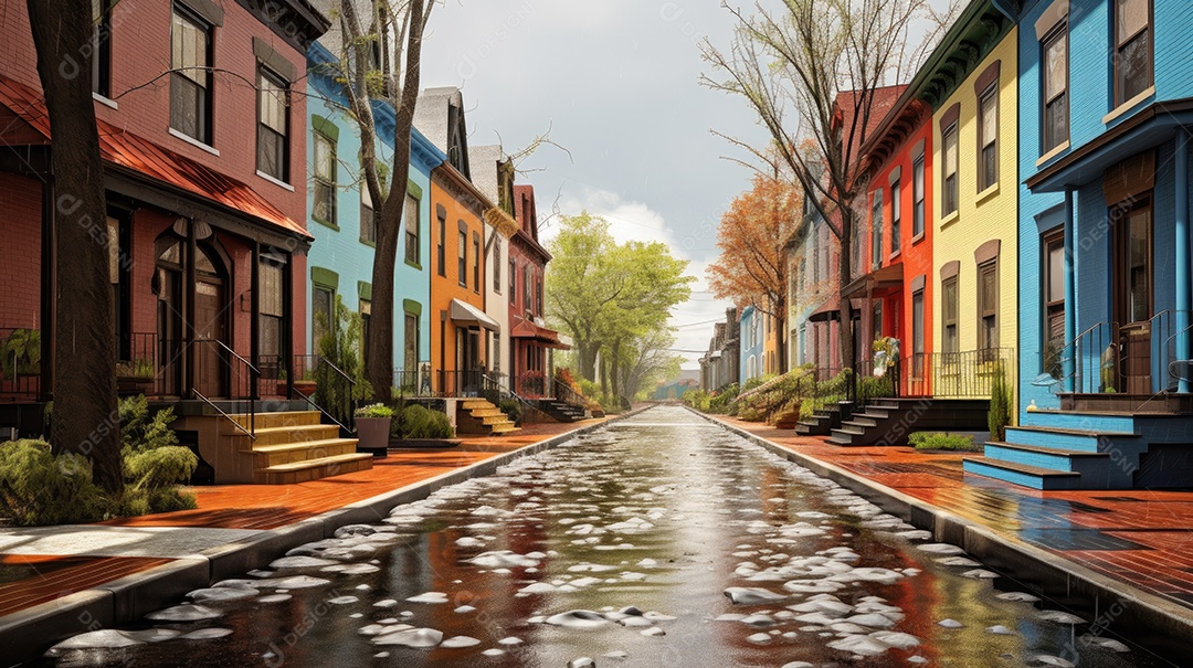 Primavera uma rua de tijolos coloridos ladeada por casas geminadas