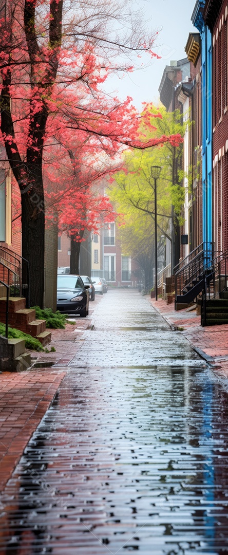 Primavera uma rua de tijolos coloridos ladeada por casas geminadas