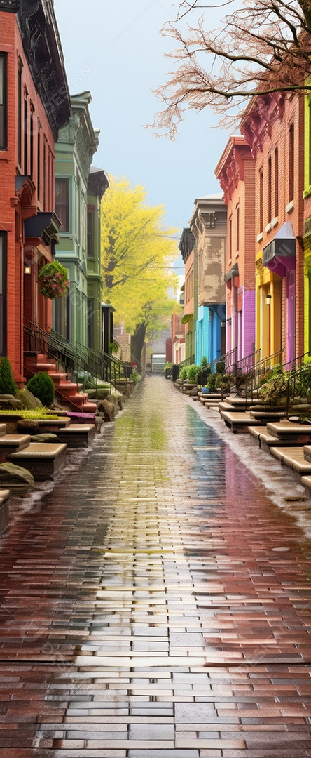 Primavera uma rua de tijolos coloridos ladeada por casas geminadas