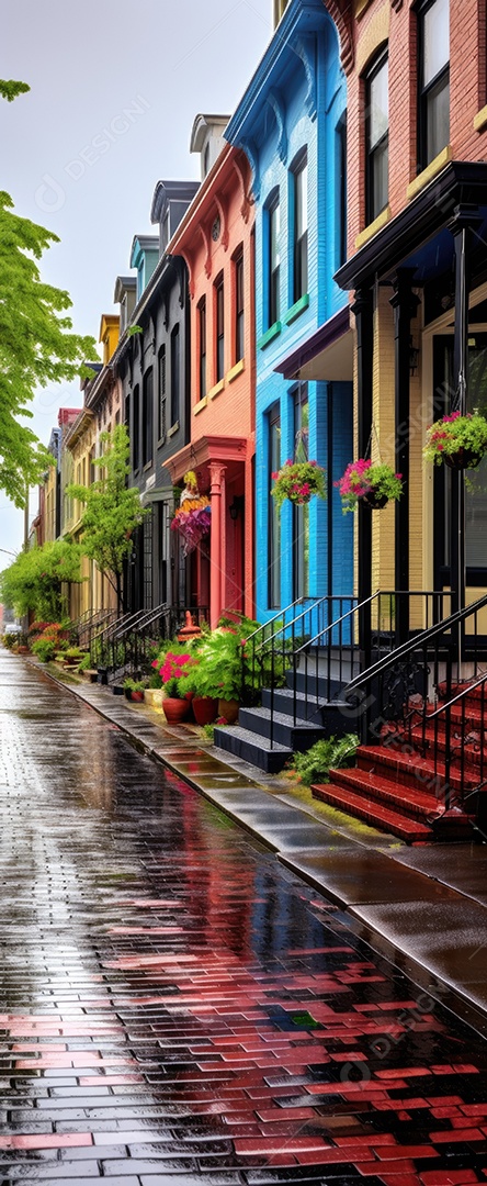 Primavera uma rua de tijolos coloridos ladeada por casas geminadas