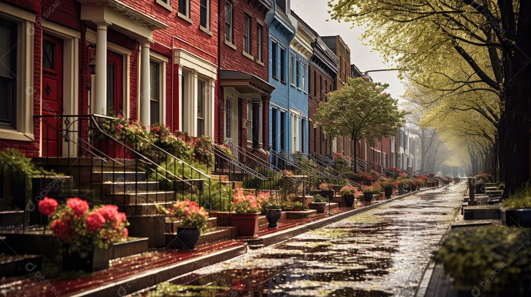 Primavera uma rua de tijolos coloridos ladeada por casas geminadas