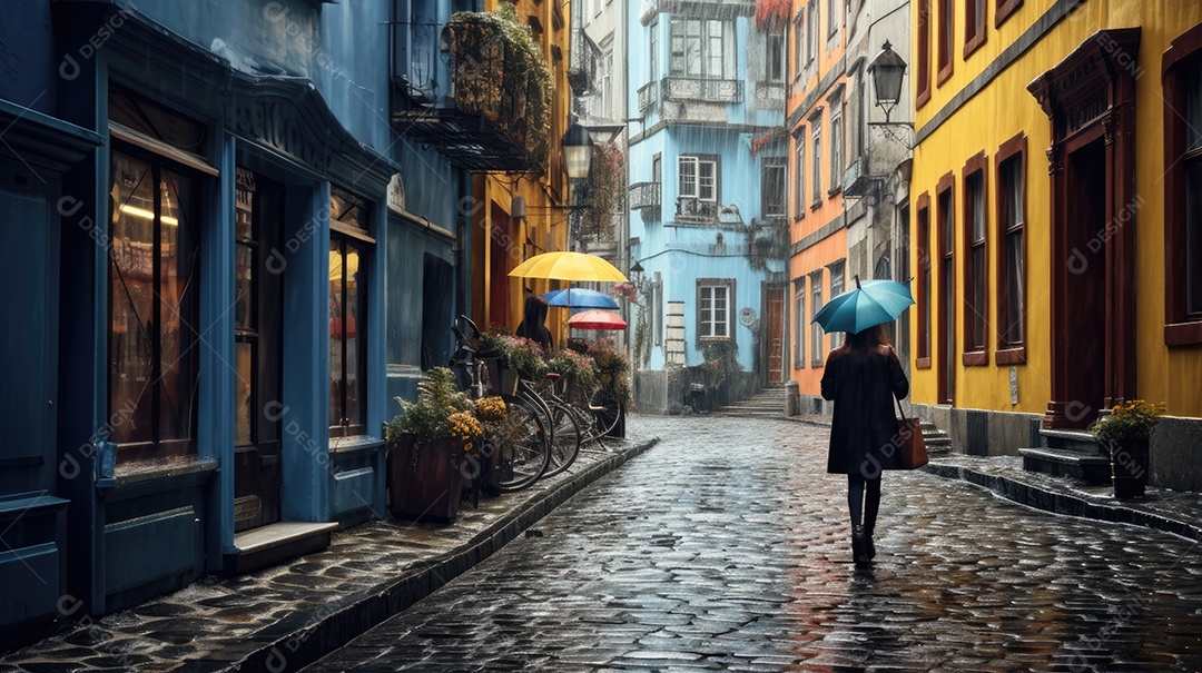 Primavera uma rua de tijolos coloridos ladeada por casas geminadas