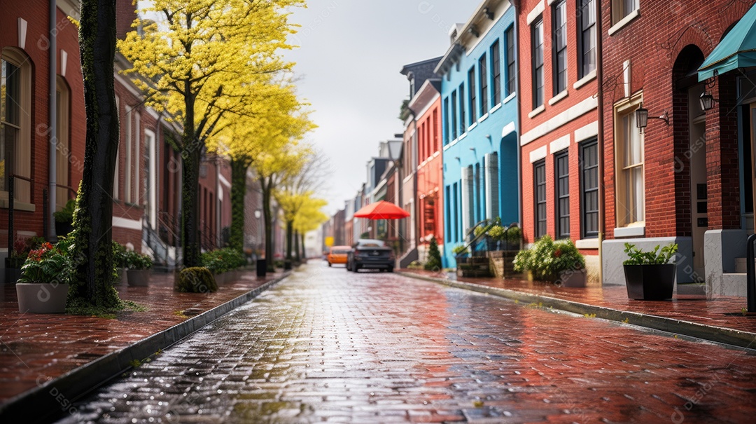 Primavera uma rua de tijolos coloridos ladeada por casas geminadas