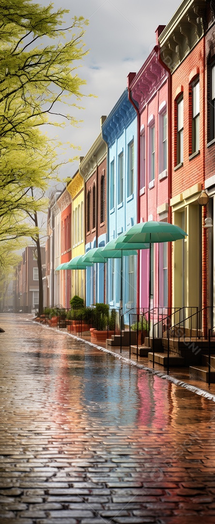 Primavera uma rua de tijolos coloridos ladeada por casas geminadas