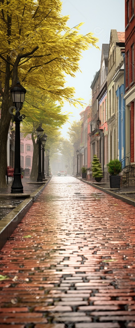 Primavera uma rua de tijolos coloridos ladeada por casas geminadas