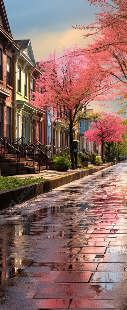 Primavera uma rua de tijolos coloridos ladeada por casas geminadas