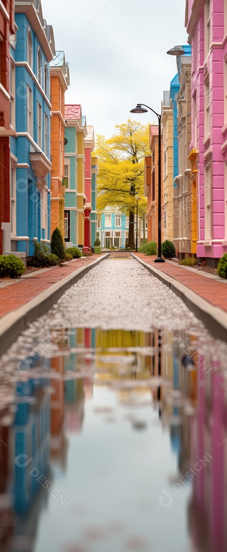 Primavera uma rua de tijolos coloridos ladeada por casas geminadas