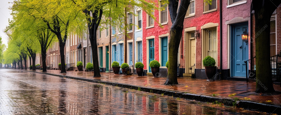 Primavera uma rua de tijolos coloridos ladeada por casas geminadas