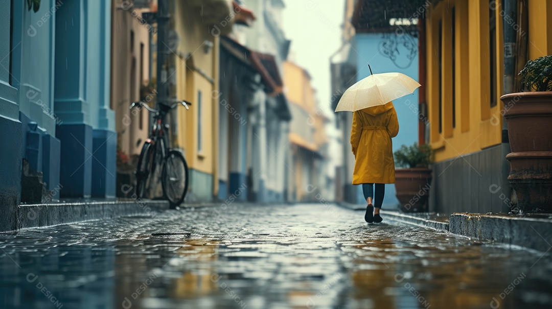 Primavera uma rua de tijolos coloridos ladeada por casas geminadas