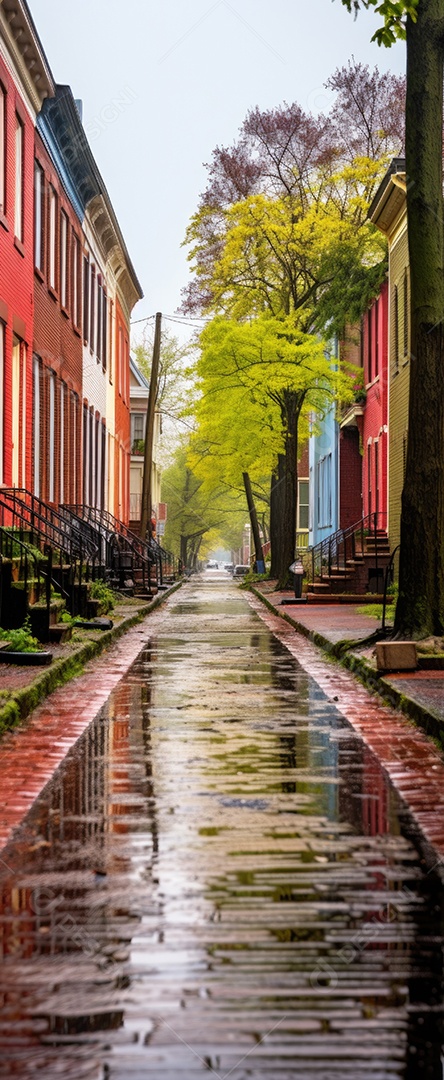 Primavera uma rua de tijolos coloridos ladeada por casas geminadas