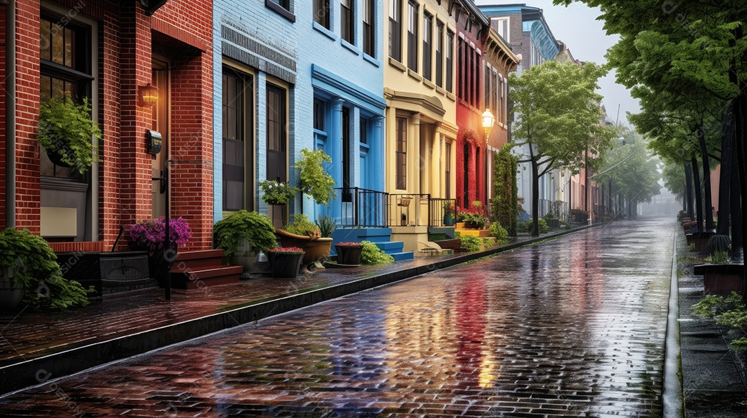 Primavera uma rua de tijolos coloridos ladeada por casas geminadas
