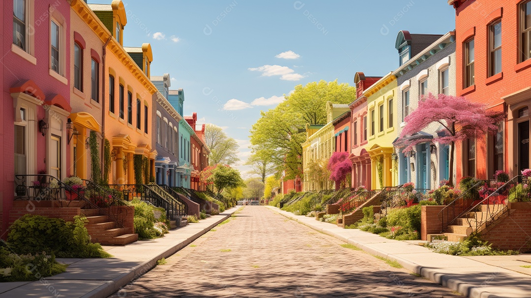 Primavera uma rua de tijolos coloridos ladeada por casas geminadas