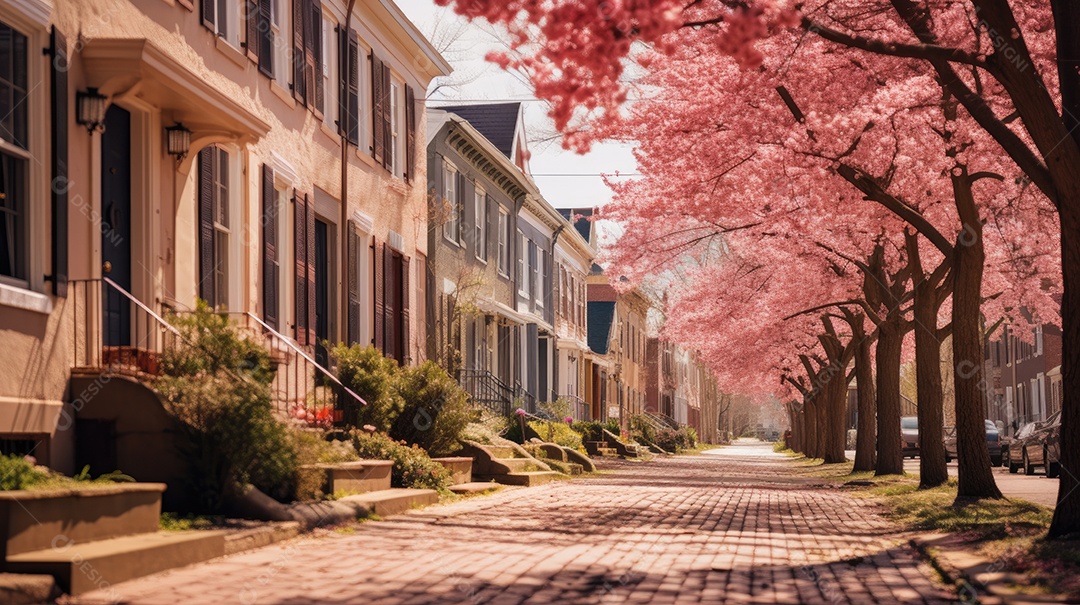 Primavera uma rua de tijolos coloridos ladeada por casas geminadas