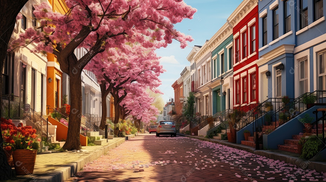 Inverno uma rua de tijolos coloridos ladeada por casas geminadas