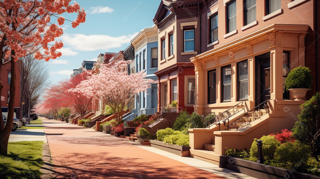 Inverno uma rua de tijolos coloridos ladeada por casas geminadas