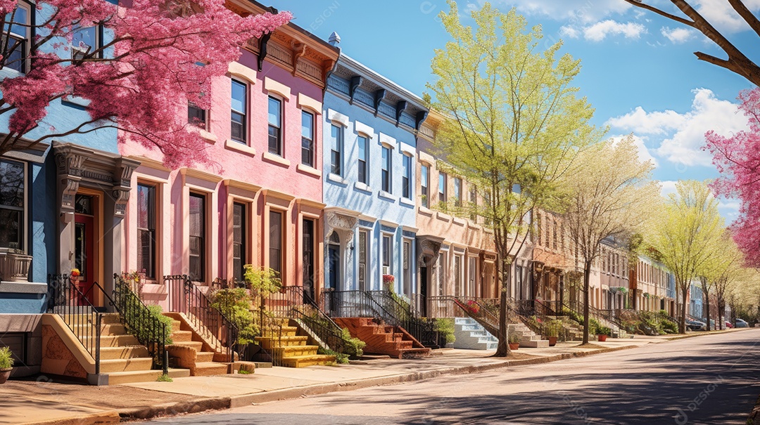 Inverno uma rua de tijolos coloridos ladeada por casas geminadas
