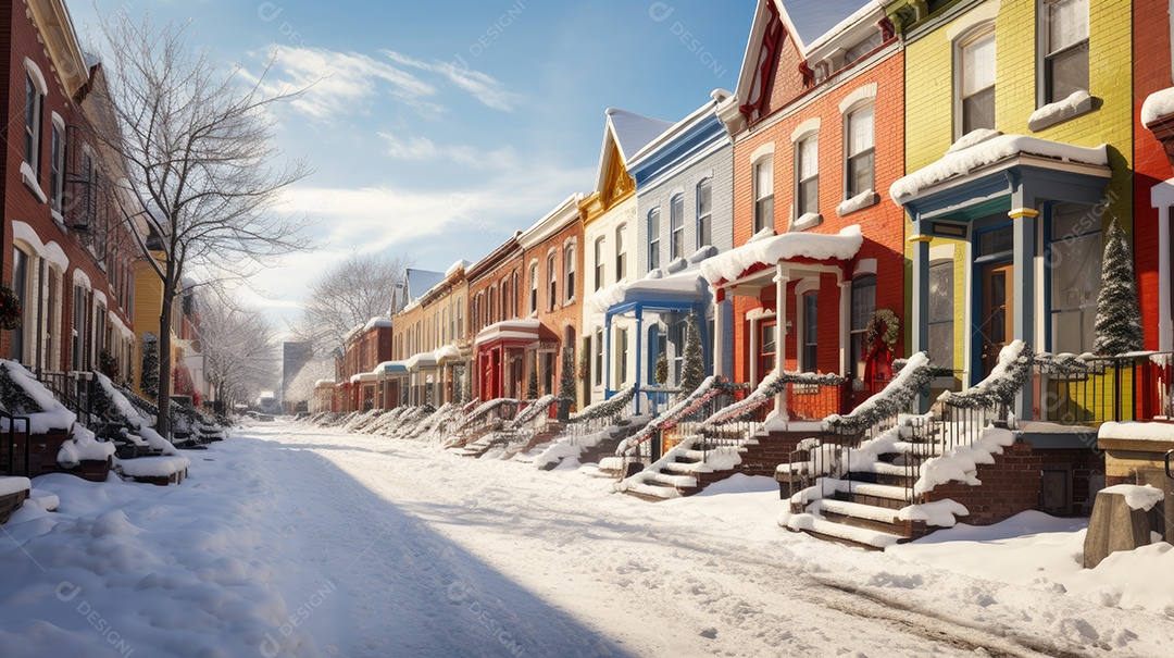 Inverno uma rua de tijolos coloridos ladeada por casas geminadas