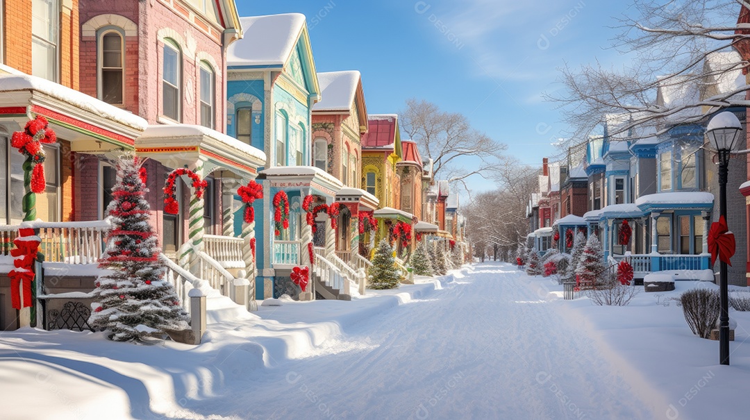 Inverno uma rua de tijolos coloridos ladeada por casas geminadas