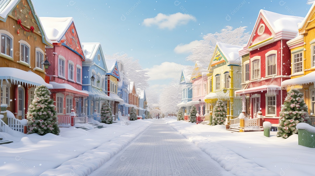 Inverno uma rua de tijolos coloridos ladeada por casas geminadas