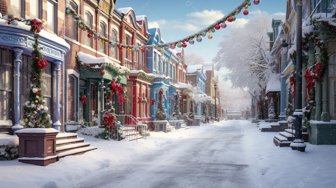 Inverno uma rua de tijolos coloridos ladeada por casas geminadas