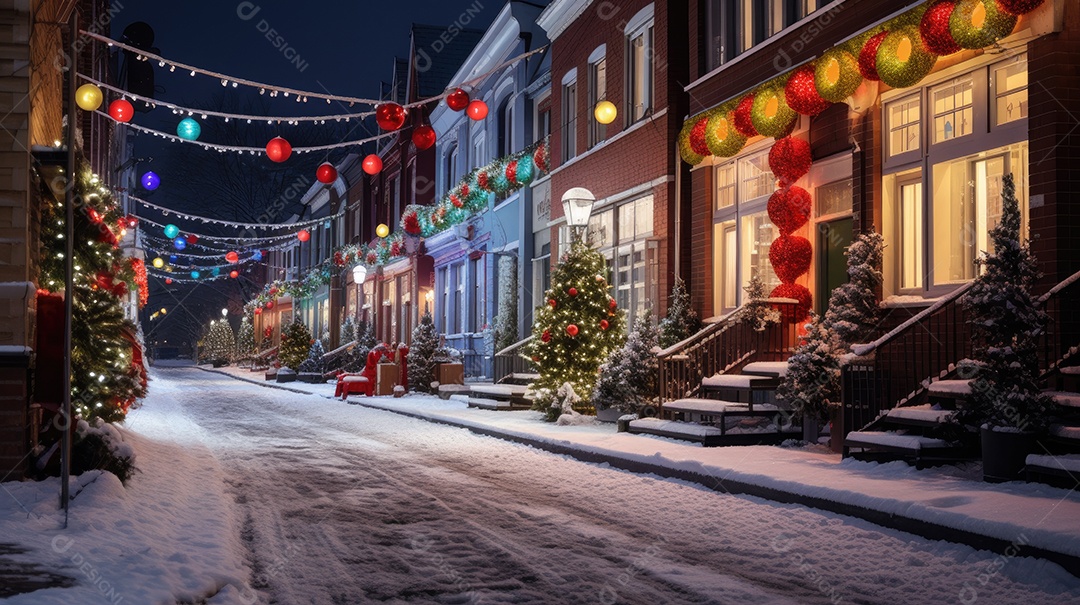 Inverno uma rua de tijolos coloridos ladeada por casas geminadas