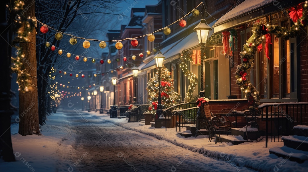 Inverno uma rua de tijolos coloridos ladeada por casas geminadas