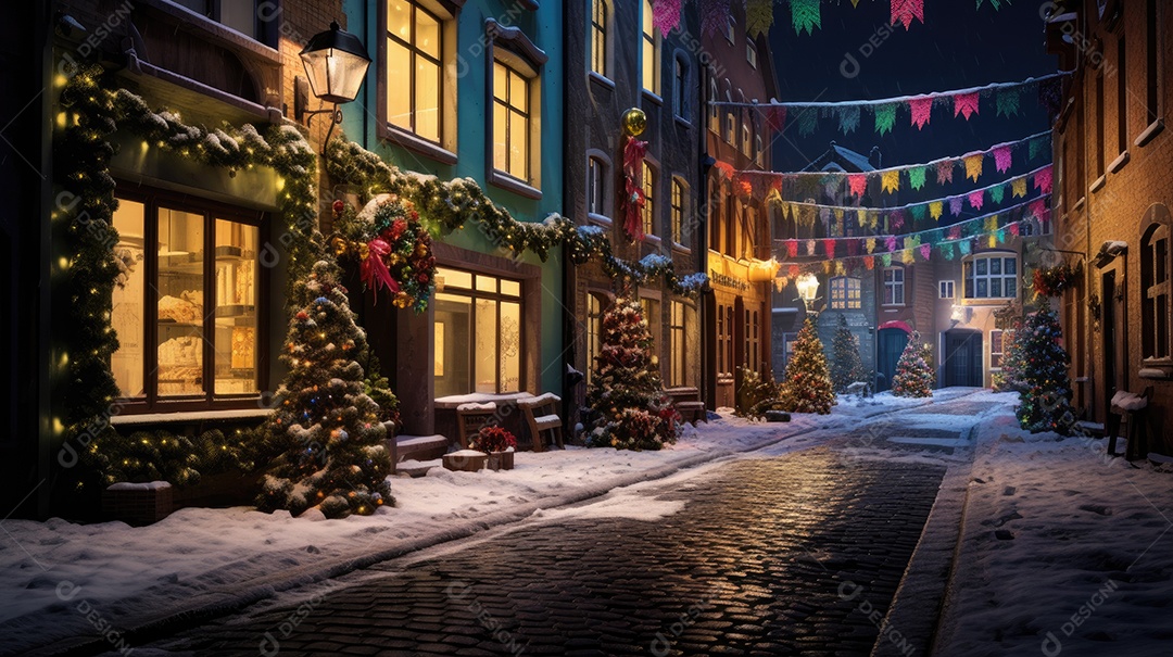 Inverno uma rua de tijolos coloridos ladeada por casas geminadas