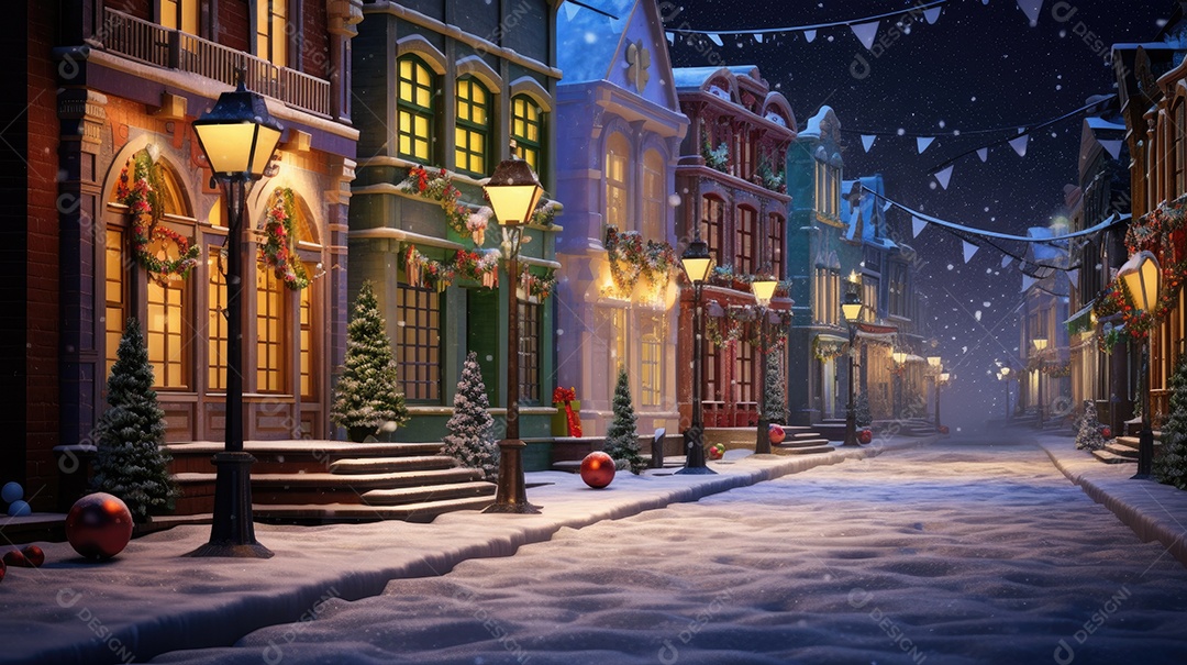 Inverno uma rua de tijolos coloridos ladeada por casas geminadas