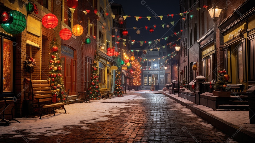 Inverno uma rua de tijolos coloridos ladeada por casas geminadas