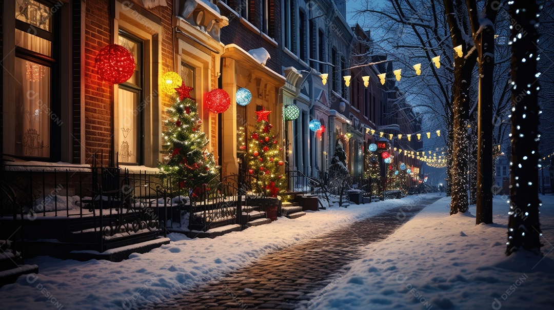 Inverno uma rua de tijolos coloridos ladeada por casas geminadas