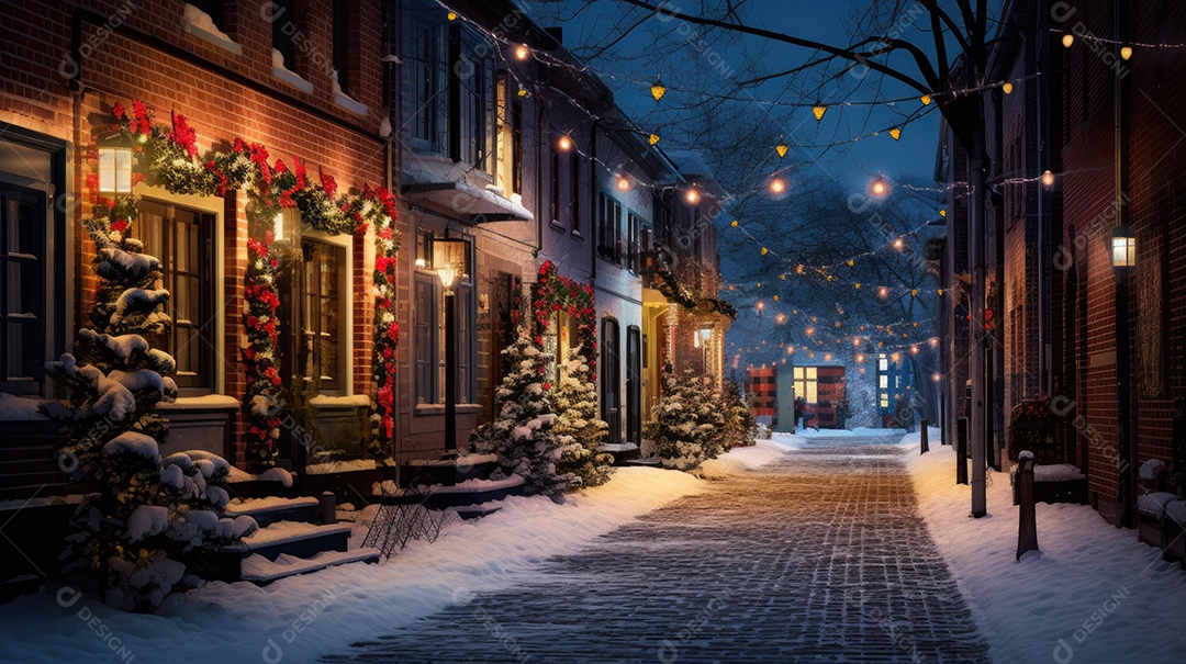 Inverno uma rua de tijolos coloridos ladeada por casas geminadas