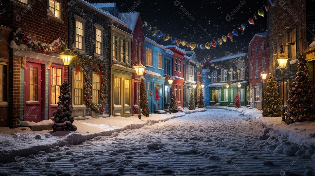 Inverno uma rua de tijolos coloridos ladeada por casas geminadas